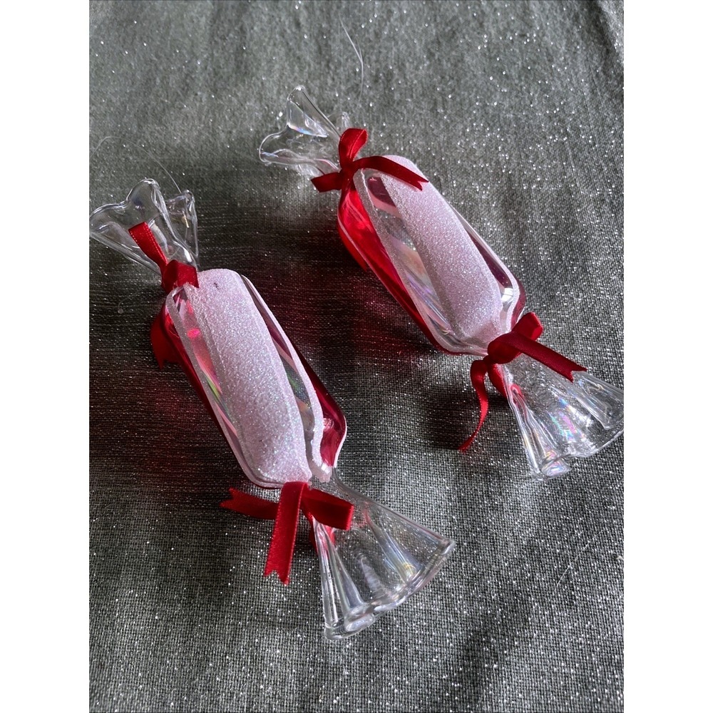 Vintage Silvestri Iridescent Glass Candy Ornaments Red Stripe Glitter Set of 2